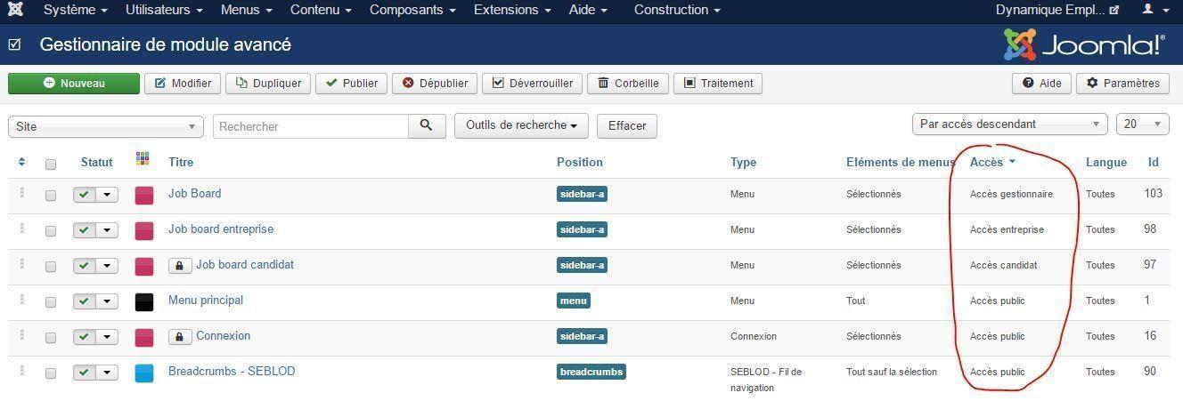 droits acl joomla acl modules